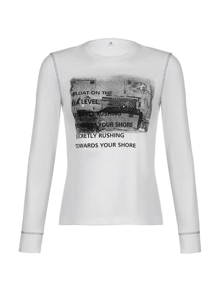 Street Print Top-stitching Long Sleeve Tee