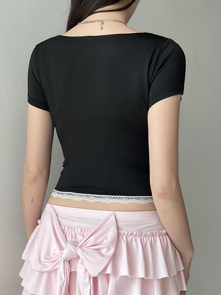 Bow Accent Lace-Trim Plain Slim-Fit Crop Top