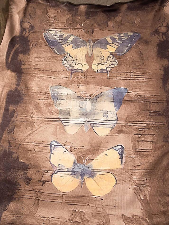 Butterfly Print Mesh Patchwork Flared Sleeve Top