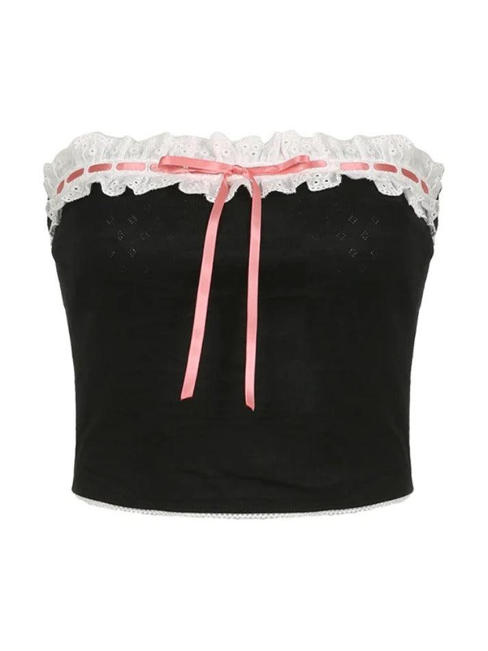 Lace Patchwork Bow Cutout Bandeau Top