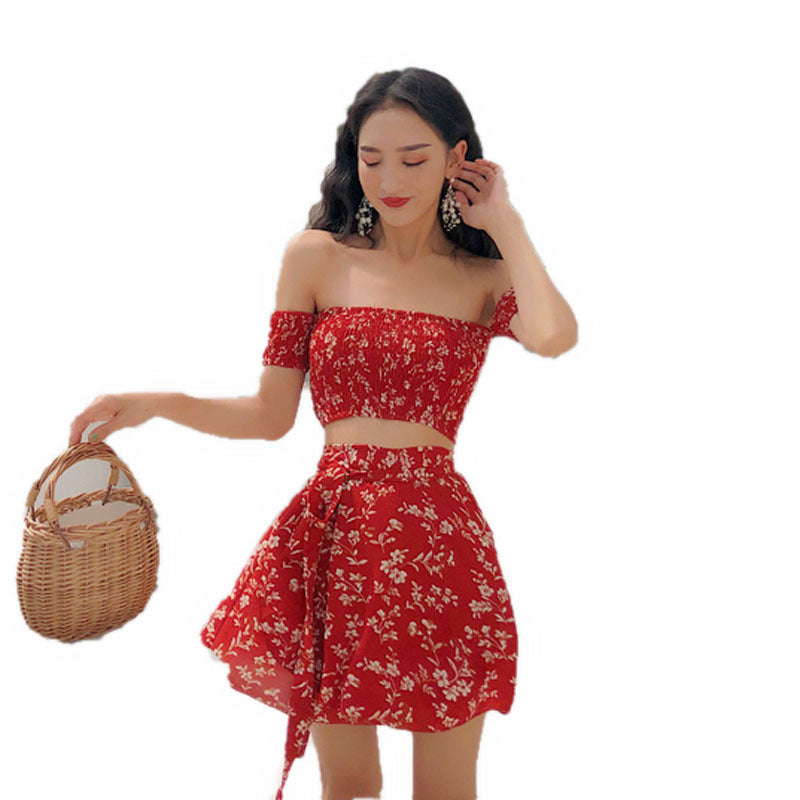 summer outfits inspo Sexy French Retro off-Neck Floral Tube Top Short Sleeve One-Piece Skirt Suit Two-Piece Set