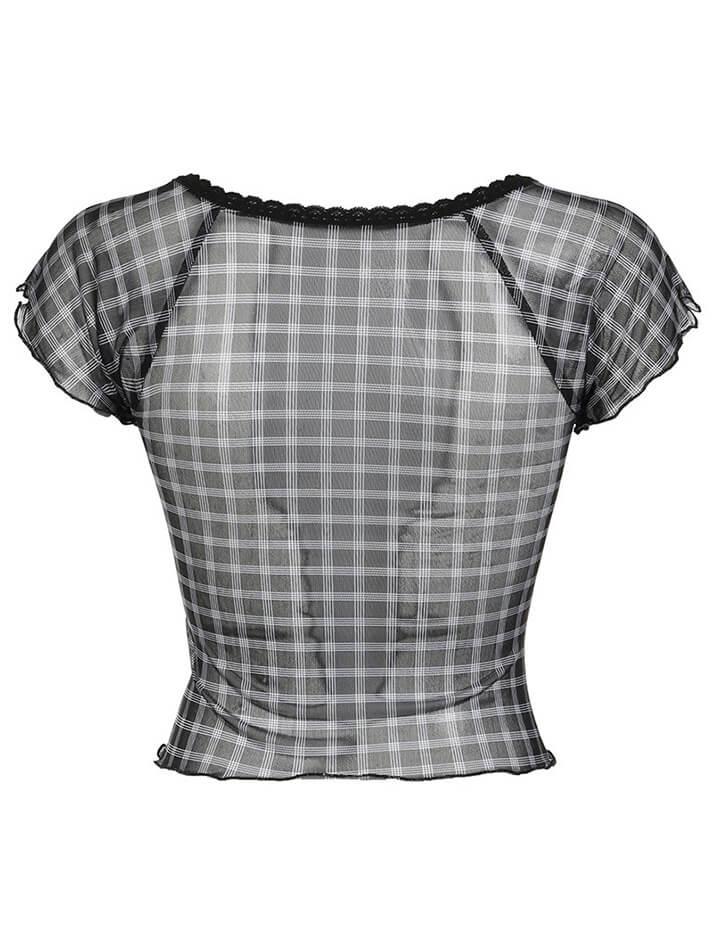 Vintage Plaid Mesh Ruffle Top