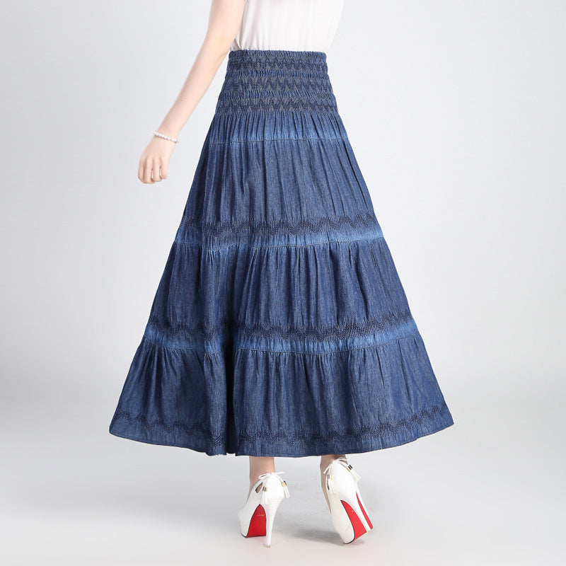 outfit ideas for school Denim Two-Piece Long Skirt Women's Spring and Summer Korean Style Beach Retro Elastic Large Swing High Waist Long Skirt