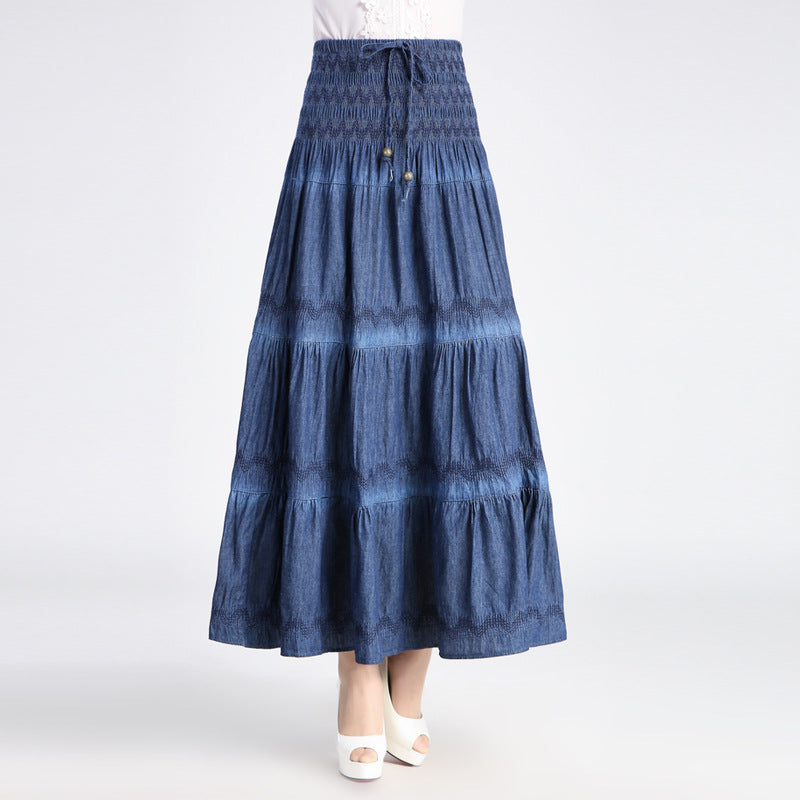 outfit ideas for school Denim Two-Piece Long Skirt Women's Spring and Summer Korean Style Beach Retro Elastic Large Swing High Waist Long Skirt