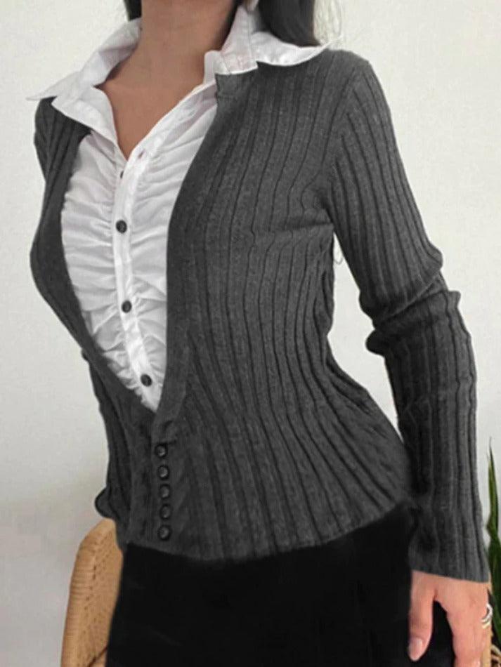 Fake Two Piece Splice Ruched Breasted Long Sleeve Knit