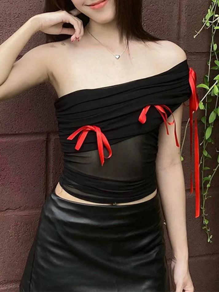 Mesh Off Shoulder Bow Decor Bandeau Top