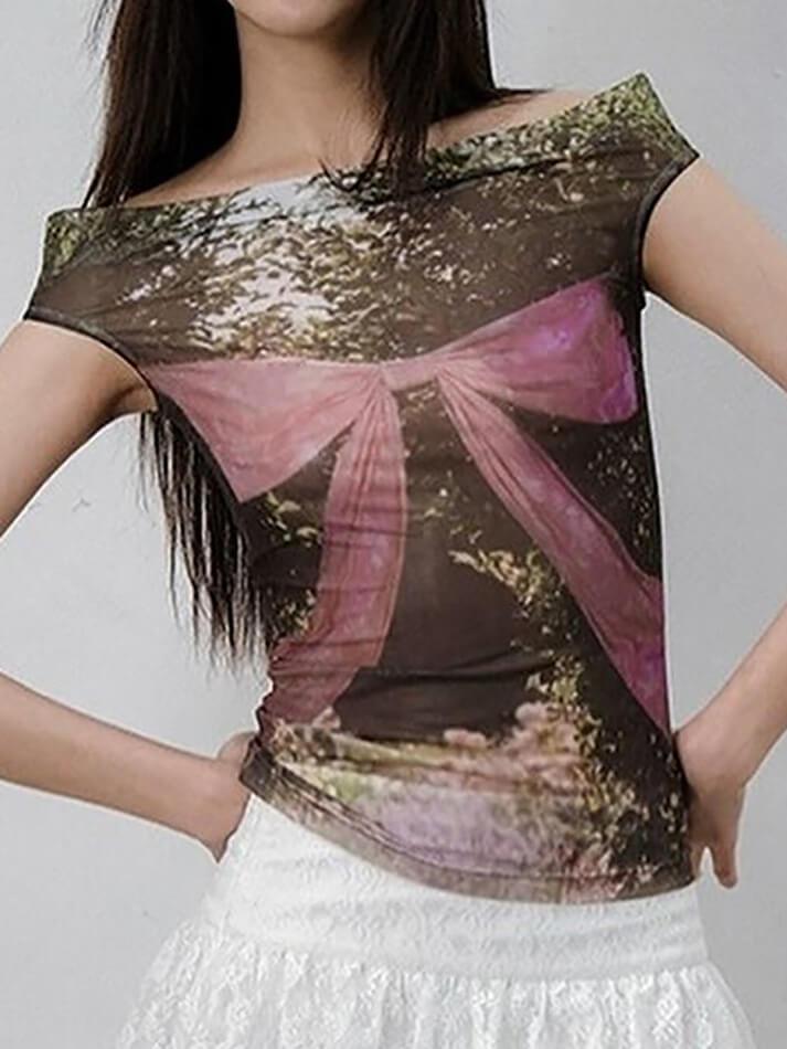 Bow Printed Mesh Sleeveless Top