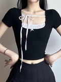 Contrast Stitching Short-Sleeved Square Collar Slim Top