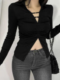 Solid V Neck Shirred Slit Long Sleeve Tee