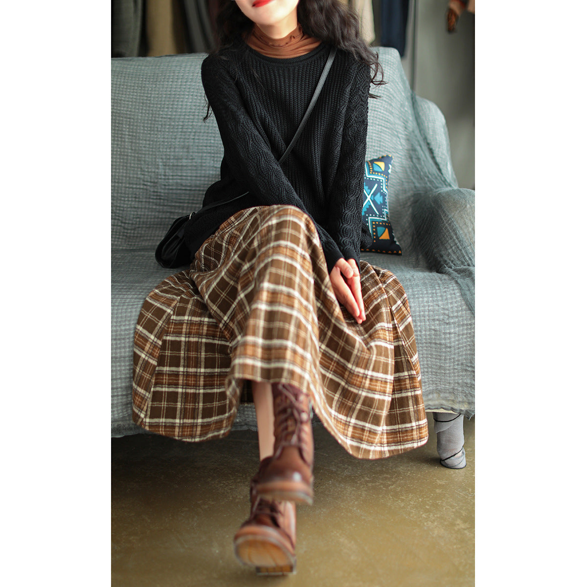 90s fashion Ancient Coffee Clothing Artistic Brushed Plaid Skirt Spring New Retro Loose A- line Women's Skirt Elastic Waist Skirt