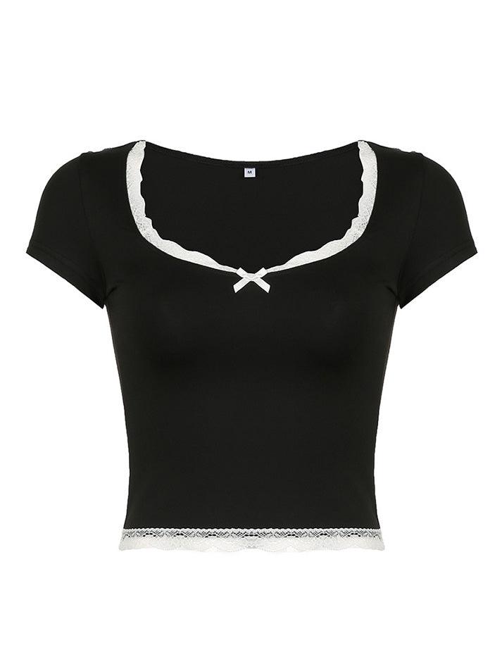 Bow Accent Lace-Trim Plain Slim-Fit Crop Top