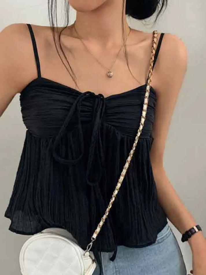 Solid Color Pleated Lace Up Cami Top