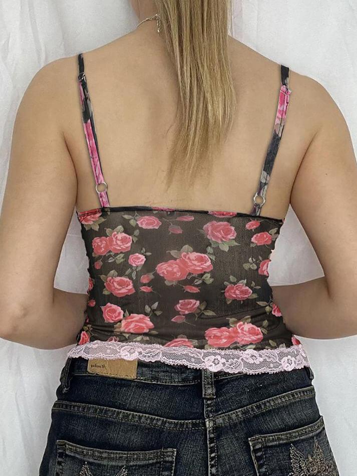 Rose Printed Lace Patchwork Mesh Cami Top