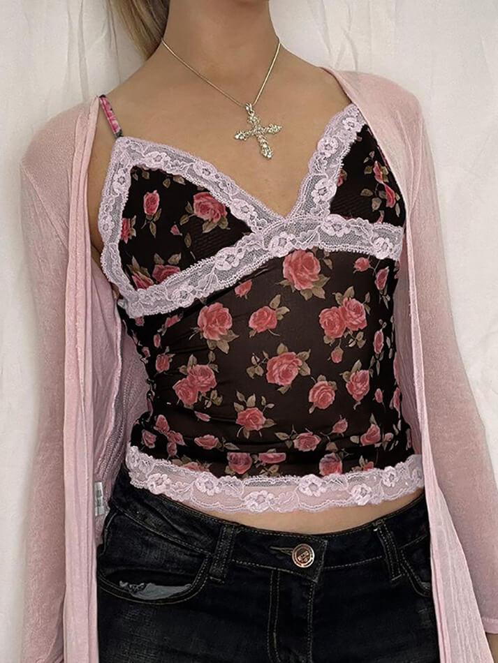 Rose Printed Lace Patchwork Mesh Cami Top