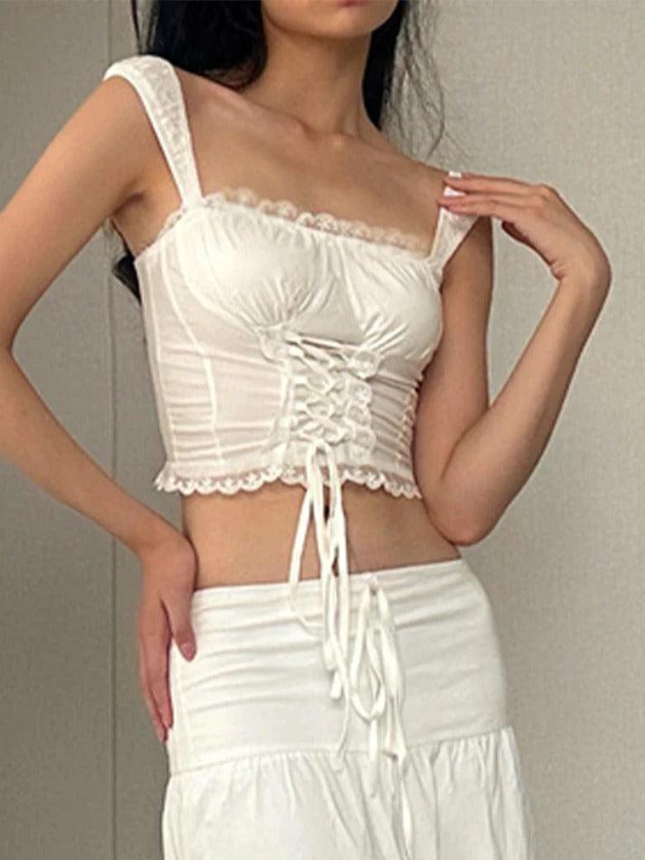 Square Neck Lace Splice Tie Front Tank Top