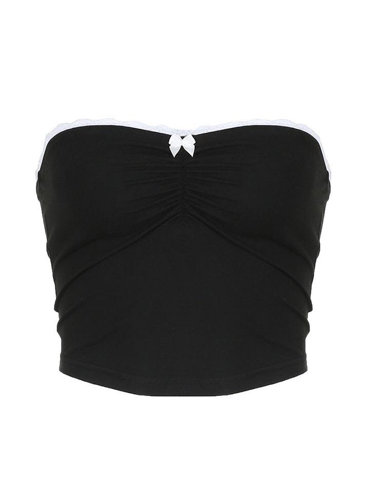 Ruffled Bow Lace Patchwork Solid Colour Tube Top