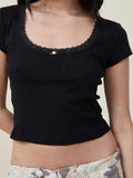 Solid Cutout Lace Trim U Neck Short Sleeve Tee