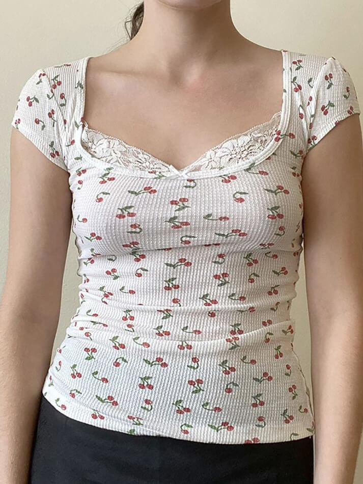 Cap Sleeve Square-Neck Lace Panel Cherry Print Top