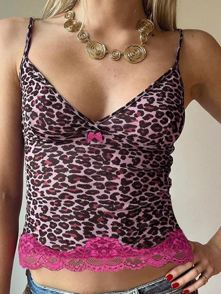 Personalized leopard print lace stitching Cami Top