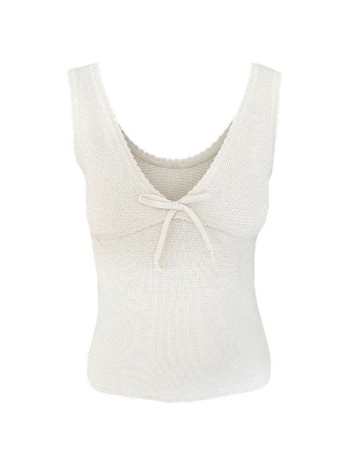 Contrast Color Stitching V Neck Bow Tank Top