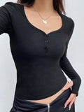 Solid V Neck Breasted Long Sleeve Tee