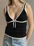 Contrast Color Stitching V Neck Bow Tank Top