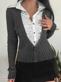 Fake Two Piece Splice Ruched Breasted Long Sleeve Knit