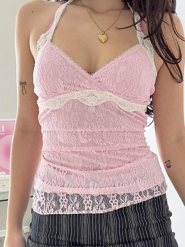 Lace Clash Color V-Neck Tank Top