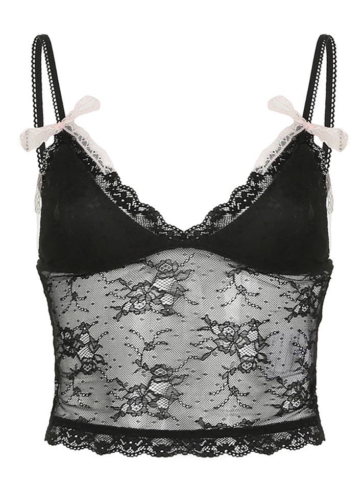 Black Lace Spliced Mesh Cami Top