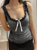 U Neck Fungus Bow Splice Plaid Print Tank Top