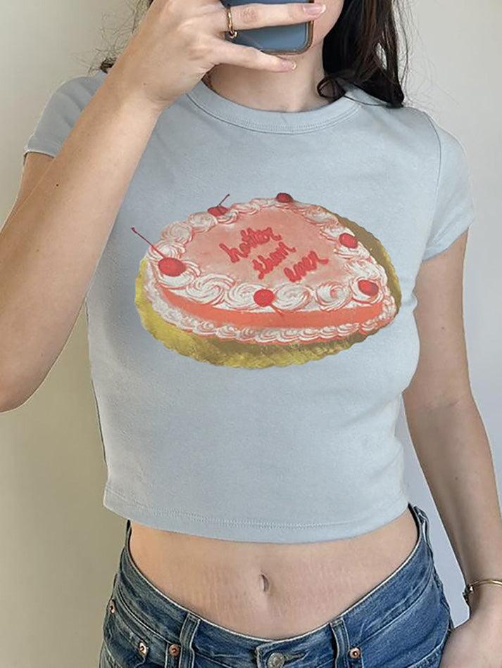 Short Sleeve Cake Print Slim-Fit Crop Top