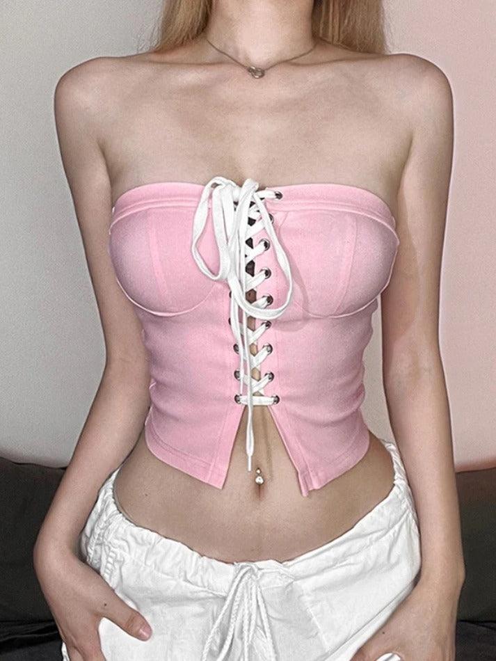 Solid Crossover Tie Up Cropped Bandeau Top