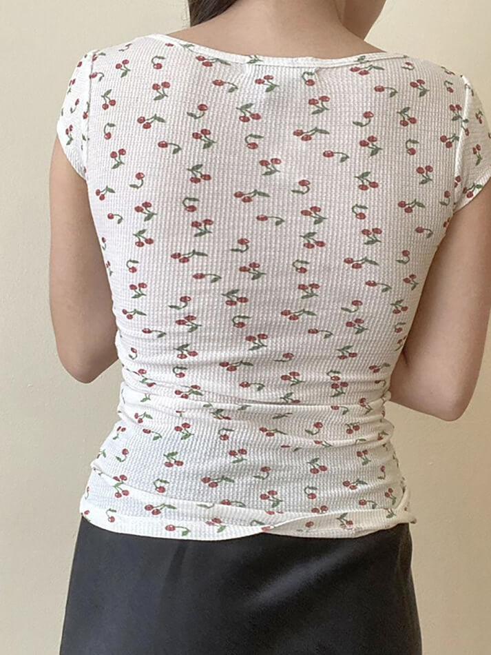 Cap Sleeve Square-Neck Lace Panel Cherry Print Top