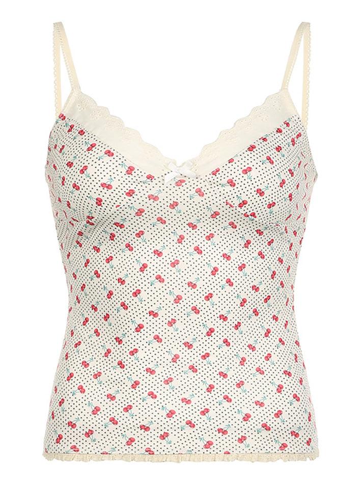 Cherry Print Bow Embellished Lace Tank Top