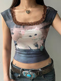 Cat Printed Lace Patchwork Top