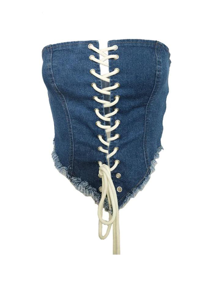 Retro Cross Lace Up Denim Corset Top