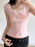 Lace-Trim Bow Accent Slim-Fit Crop Top