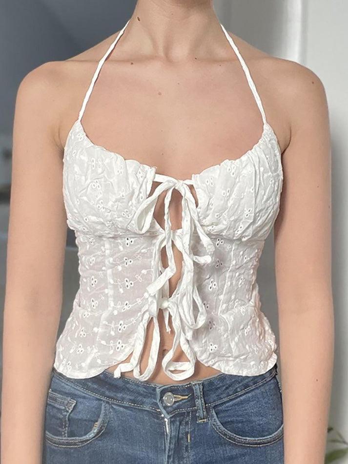 Halter Floral Embroidered Tie-Front Crop Camisole Top