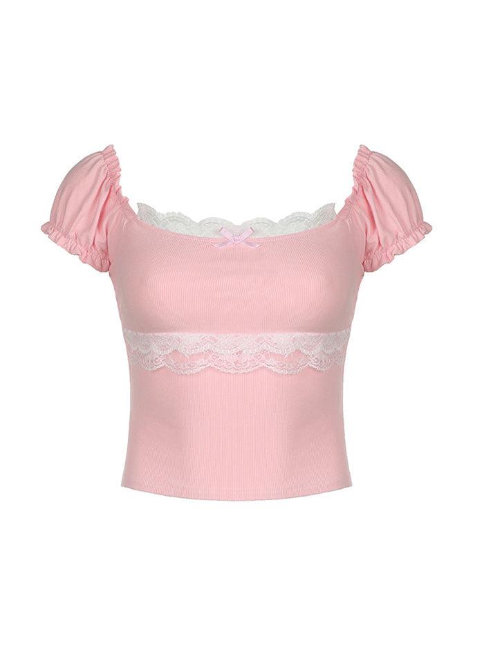 Puff-Sleeve Lace Trim Crop Top