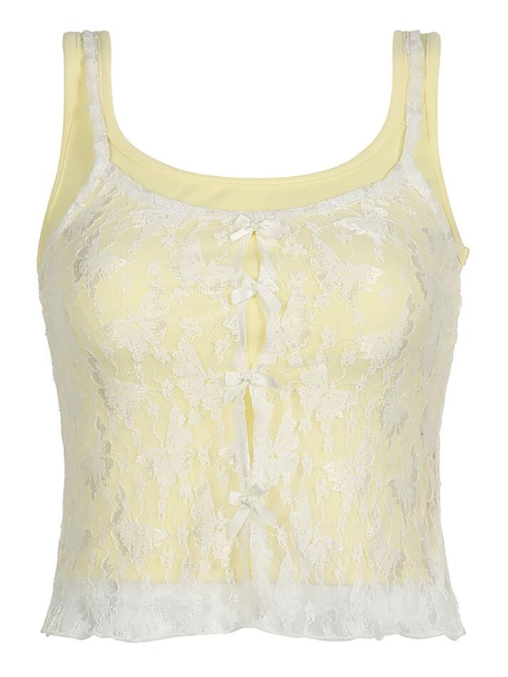 Lace Patchwork Yellow Bow Cami Tank Top