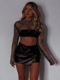 Oklulu Feminine Sexy Style Long Sleeve Crystal Rhinestone Hollowed Out Fishnet Cover Ups Party Clubwear Crop Without Tube Top