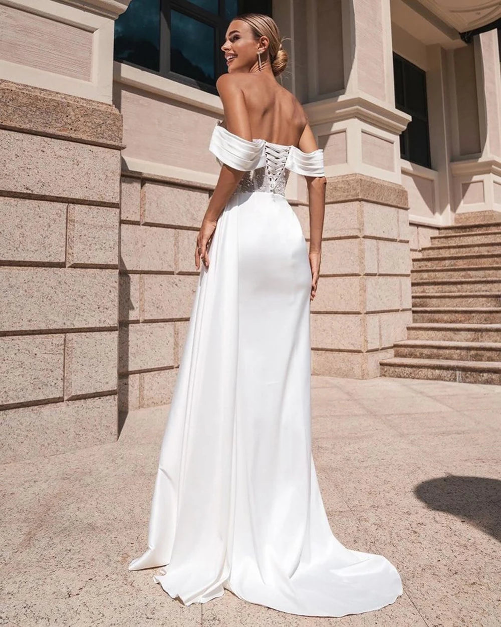 Oklulu   Elegant Solid White Wedding Dresses off The Shoulder Side Slit Satin Tight Formal Bride Dress Lace Pleated Bridal Gown