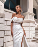 Oklulu   Elegant Solid White Wedding Dresses off The Shoulder Side Slit Satin Tight Formal Bride Dress Lace Pleated Bridal Gown