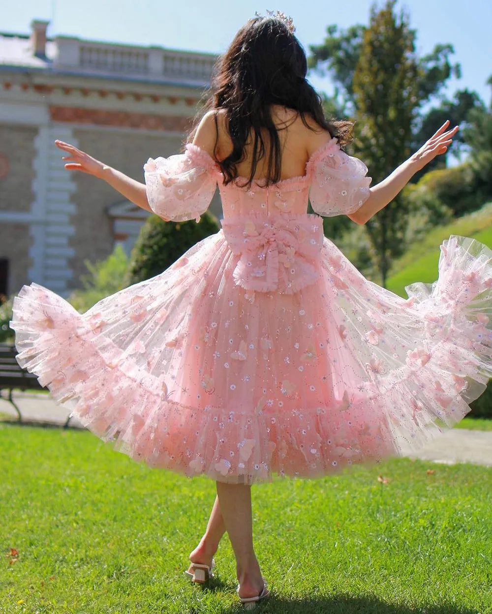 Oklulu  Pink Flower Fairy Prom Dresses Sweetheart Short Sleeves Ruffles Graduation Party Dress Tea length Evening Gowns