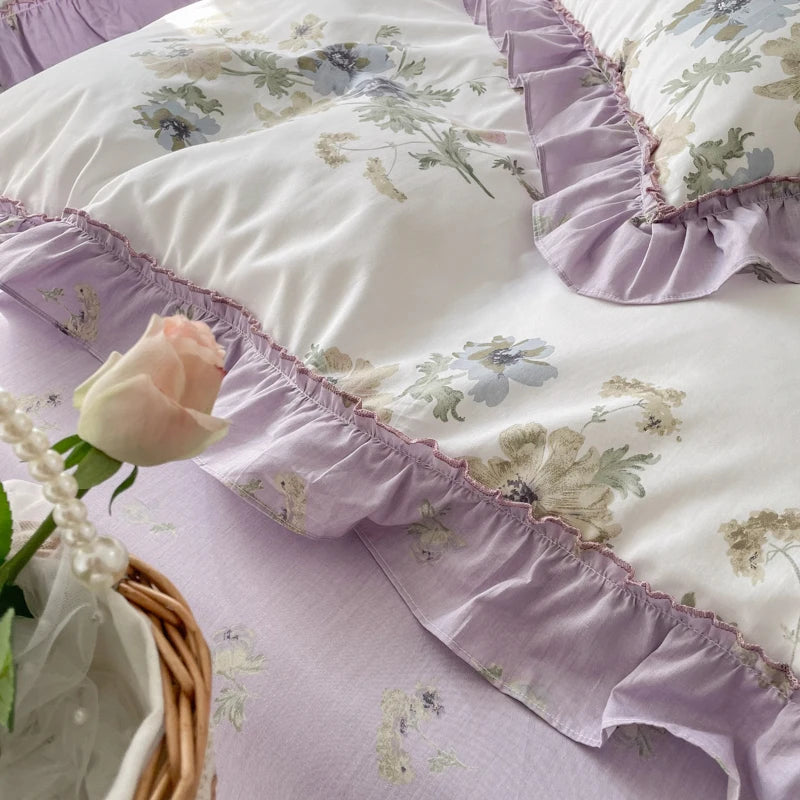 100% Cotton French Vintage Gardenia Printing Princess Bedding Set Rural Flowers Ruffles Quilt/Duvet Cover Bed Linen Pillowcases