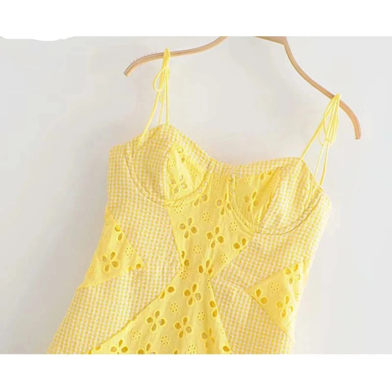 Oklulu  Women Yellow Lace Trim Spaghetti Strap Bodycon Mini Dress Romantic Lady Backless Sleeveless Party Club Sexy Dress