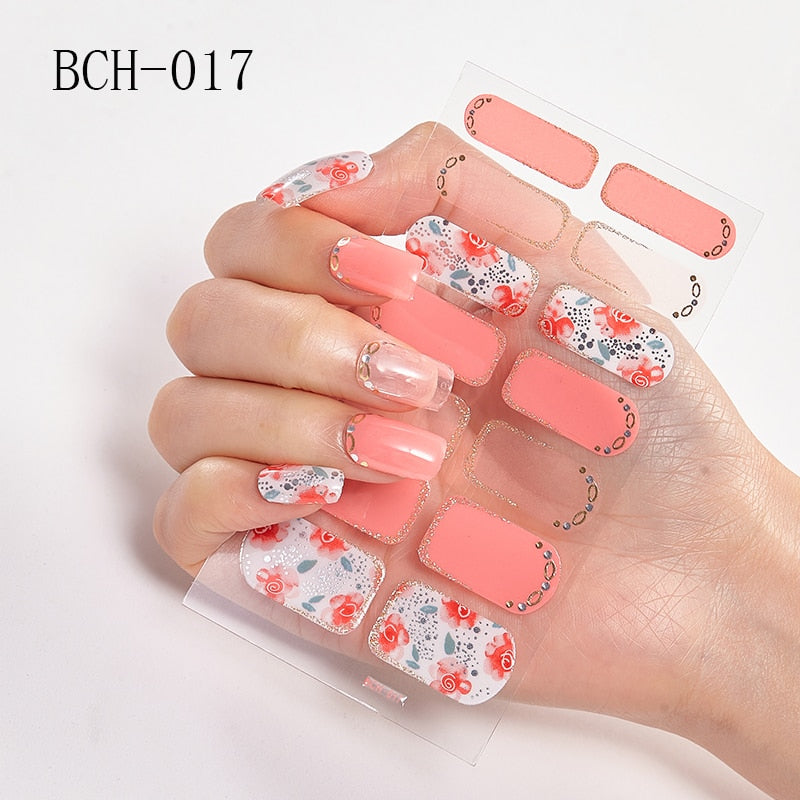 New Arrival Japanese Fashion Designers Nail Stickers Nail Wraps Full Cover Self-Adhesive 14Tips Flower Waterproof Nail Art Decor