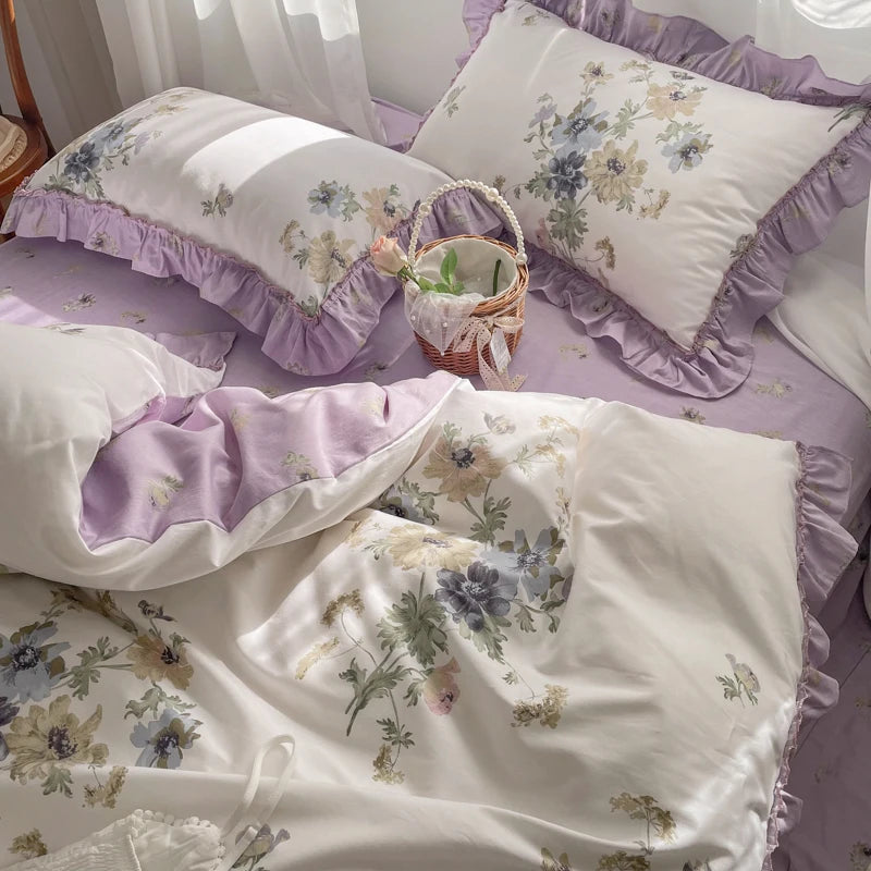 100% Cotton French Vintage Gardenia Printing Princess Bedding Set Rural Flowers Ruffles Quilt/Duvet Cover Bed Linen Pillowcases