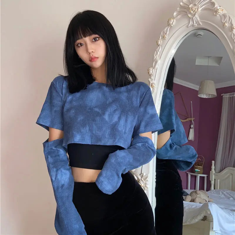 Oklulu Tie Dye T-shirts Women Blue Removable Sleeve Trendy Korean Style Chic Club Streetwear Popular Female Crop Top Ins Sexy Slim Tee