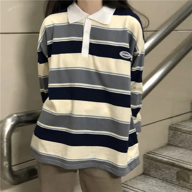 Oklulu Retro Striped Hit Color Sweatshirt Polo Collar Pullover Female Oversized Sweatshirt Harajuku Style Ladies Vintage Preppy Top